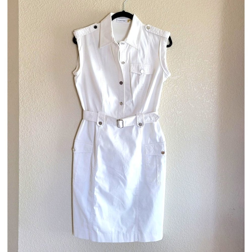 Calvin Klein Womens Cap Sleeve Collared Button Front Dress White 6 - Picture 4 of 12